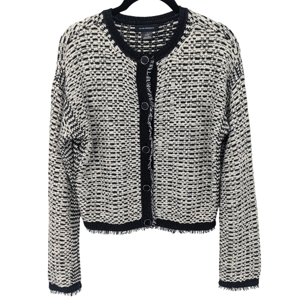 Club Monaco Sweater Jacket Womens Petite XSP Black Textured Knit Fringe Office